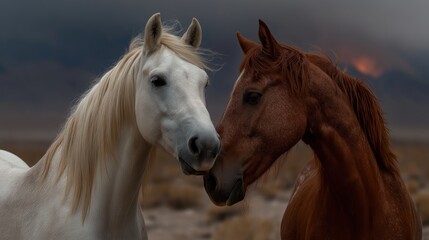 Fototapeta premium Emotional close-up of two horses standing face to face under stormy skies on an open plain perfect for themes of connection, animal bonding and emotional equine portraits