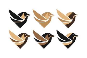 Naklejka premium Abstract birds displayed in black, brown, and beige hues showcase simple yet stylized avian forms against white