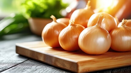 This image showcases a group of fresh, golden onions arranged neatly on a wooden cutting board, reflecting natural light in a warm kitchen setting.