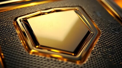 Close-up of a shiny golden hexagonal emblem on a textured surface reflecting light - Powered by Adobe