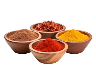 A close up of four wooden bowls filled with colorful spices against a studio shot transparent background png