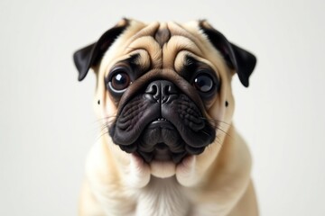 Obraz premium Close-up of a pug, facing forward, pure white backdrop, background, pet photo, fur