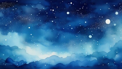 watercolor deep blue background with subtle watercolor washes and small bright accents resembling the glow of stars on a frosty night
