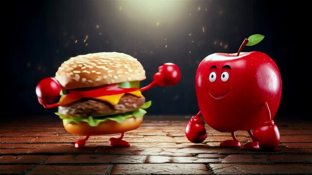 A cartoon of a hamburger and an apple are fighting. The hamburger is wearing boxing gloves and the apple is wearing boxing gloves as well.healthy and unhealthy food concept.
