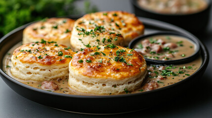 Buttery biscuits topped with savory gravy and a sprinkle of parsley