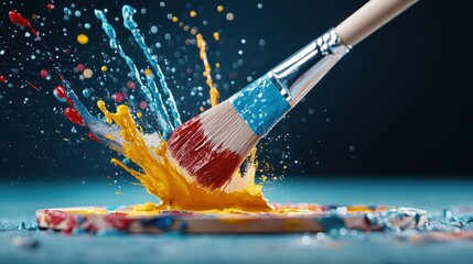 A dynamic splash of paint bursting from a brush, capturing the essence of creativity and the joyful expression of art in an energetic and visually striking manner.