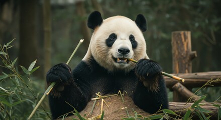 Fototapeta premium Panda Eating Bamboo in the Forest