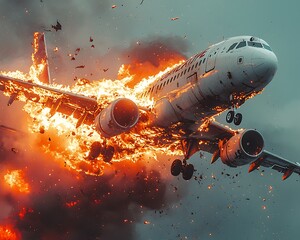 Fiery plane crash, intense flames engulfing fuselage