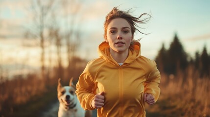 A spirited young woman in a yellow hoodie jogs happily alongside her playful dog, enjoying a sunny day in a scenic outdoor environment filled with nature.