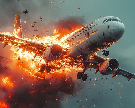 Fiery plane crash, intense flames engulfing fuselage