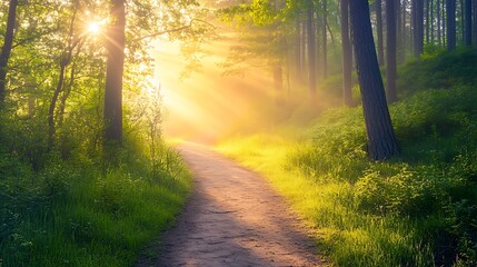 Fototapeta premium Golden sunlight path through a misty forest.