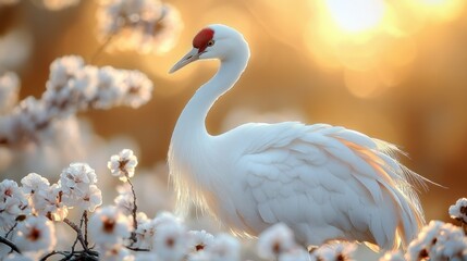 Elegant white crane amidst spring blossoms