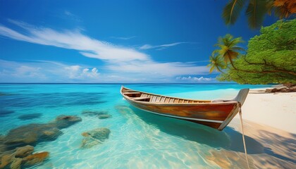 tranquil tropical beach scene with wooden boat turquoise water and azure sky