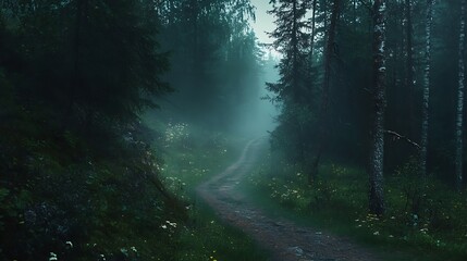Obraz premium Misty forest path winding through dark trees.