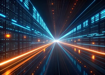 Fototapeta premium Data flow abstract visualization. A long, bright blue and orange line of dots. The blue and orange lines are connected and the dots are scattered throughout the image.
