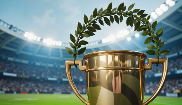 A gold cup with a laurel wreath on a blurred arena background for sports websites, blogs, news, presentations, and design.