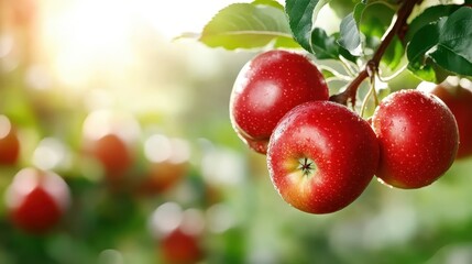 Obraz premium The image features vibrant red apples on a tree branch, glistening with dew in a sun-drenched orchard. This scene captures the essence of nature's bounty and freshness.