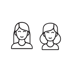 Two female avatars with different hairstyles in a simple line art design.Simple, stylized line art illustrations of two female avatars, one with long hair and the other with short, curled hair.