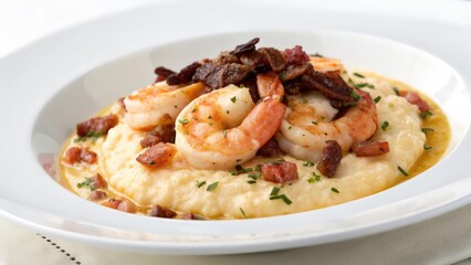 Southern-Style Shrimp and Grits with Creamy Sauce and Crispy Bacon Crumbles
