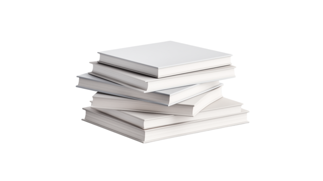 A stack of several white covered books piled haphazardly together isolated on transparent background	