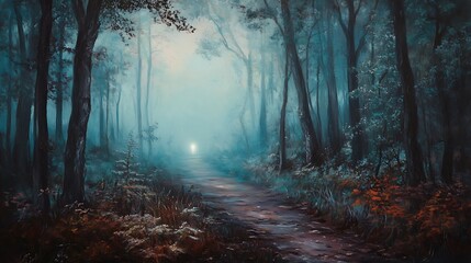 Obraz premium Misty, shadowy forest path under a pale moon.