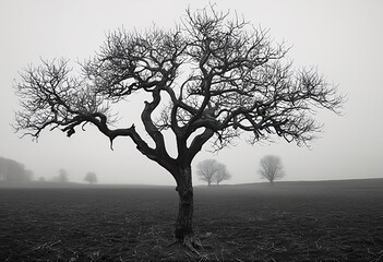 a stark, gnarled tree stands prominently in a misty field with distant trees fading into the gray background.