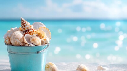 A vivid display of seashells in a bright bucket, reflecting the warmth of the sun and inviting memories of carefree days spent at the beach on golden sands.