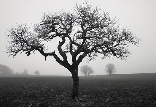 a stark, gnarled tree stands prominently in a misty field with distant trees fading into the gray background.