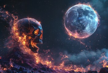 a fiery skull cries out against a dark, cosmic backdrop with a luminous, ethereal planet mirroring its sorrow.