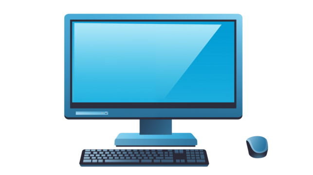 Computer setup with monitor keyboard and mouse on a simple design view isolated on transparent background	