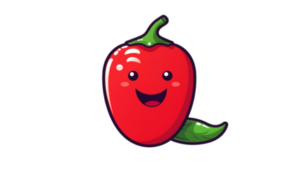 Cartoon red pepper with a happy face and green leaves on a plain field isolated on transparent background