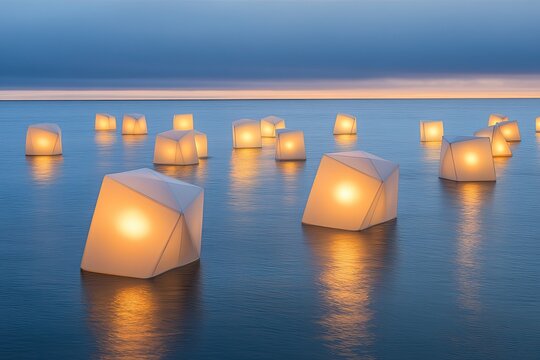 Floating Lanterns on Calm Water at Dusk