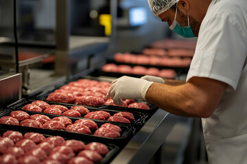 Food safety production: Worker inspecting processed meat patties on a conveyor line. Protective gear is visible, ensuring food safety.