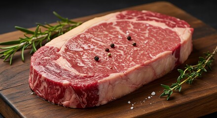 Fototapeta premium Raw Steak on Wooden Board with Herbs and Spices