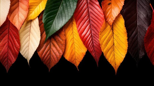A stunning collection of colorful autumn leaves is artistically arranged to showcase the diverse palette of nature, symbolizing transformation and the cycle of life itself.