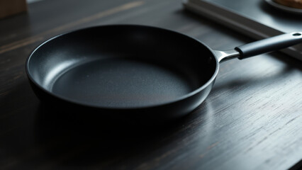 A black cast iron skillet on a wooden table.