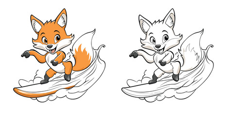 Fox surfing coloring page cartoon animal drawing for kids activity fun time