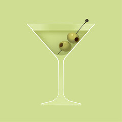 Martini cocktail. Glass of classic alcoholic drink with olive skewer for the bar or restaurant menu design. Beverage on green background. Isolated vector illustration