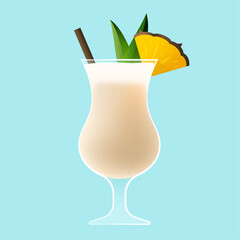 Pina colada cocktail. Glass of exotic tropical drink with pineapple for the beach bar menu. Summer beverage with straw and palm leaf. Isolated vector illustration on blue background