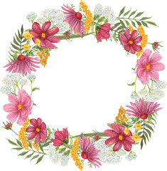 Obraz premium Watercolor wreath made of wildflowers including cosmos, yarrow, and tansy, arranged in a delicate circular composition. Ideal for rustic designs, wedding invitations, and summer or spring themes.