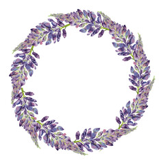 Watercolor floral wreath with lupine flowers in soft purple tones, arranged in a round shape. Perfect for wedding invitations, greeting cards, rustic decor, and seasonal designs.