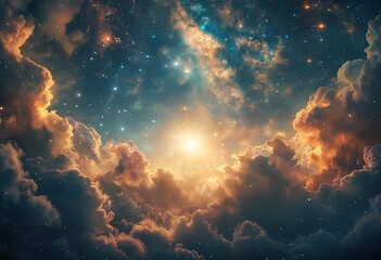 Obraz premium a vibrant and swirling celestial landscape featuring golden cloud-like formations illuminated by a radiant central star against a backdrop of countless distant stars.