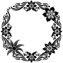 A vintage black and white floral frame features a delicate flower pattern with ornate leaf and swirl elements, perfect as a decorative border for an elegant invitation card.