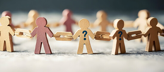Conceptual image depicting paper people chain with question marks on vacant positions, indicating the need to hire staff due to shortages.