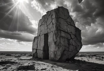 black and white landscape, rock formation