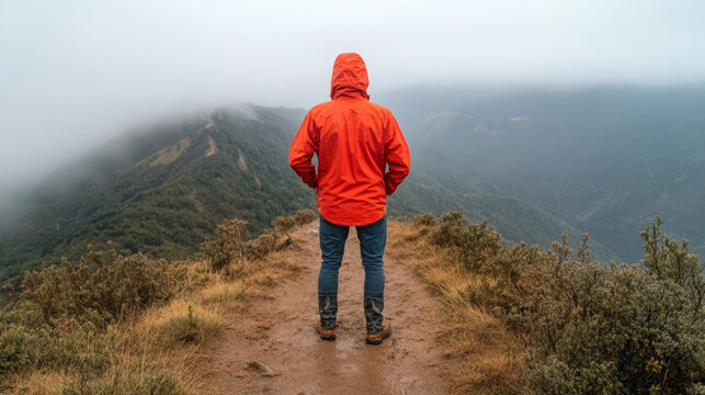 Hiker in a red raincoat gazing at misty mountains  