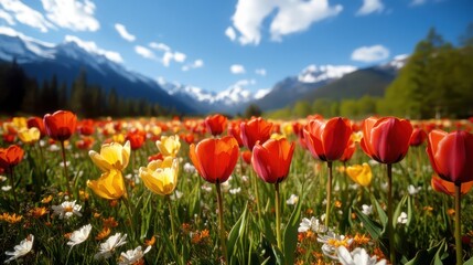 A stunning field filled with assorted vibrant tulips against a bright blue sky, representing the beauty of nature and the joy of blooming flowers in a spring landscape.