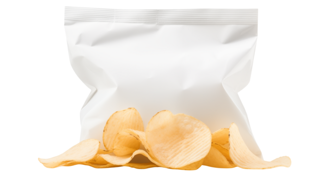 A partially opened bag of potato chips spilling onto the surface below isolated on transparent background	