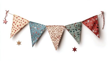 Obraz premium Colorful festive pennant banners adorned with stars and confetti, creating a joyful celebration atmosphere on a white background