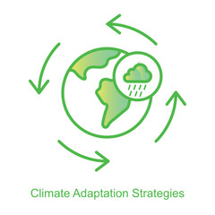 Vector icon for Climate Adaptation Strategies for Sustainable Development. Features a cyclical flow of sun, rain, and clouds, symbolizing climate management and resilience.